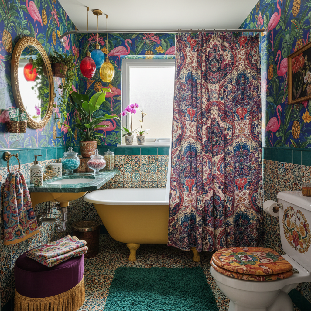 Maximalist small bathroom filled with vibrant colors, intricate patterns, and various textures.