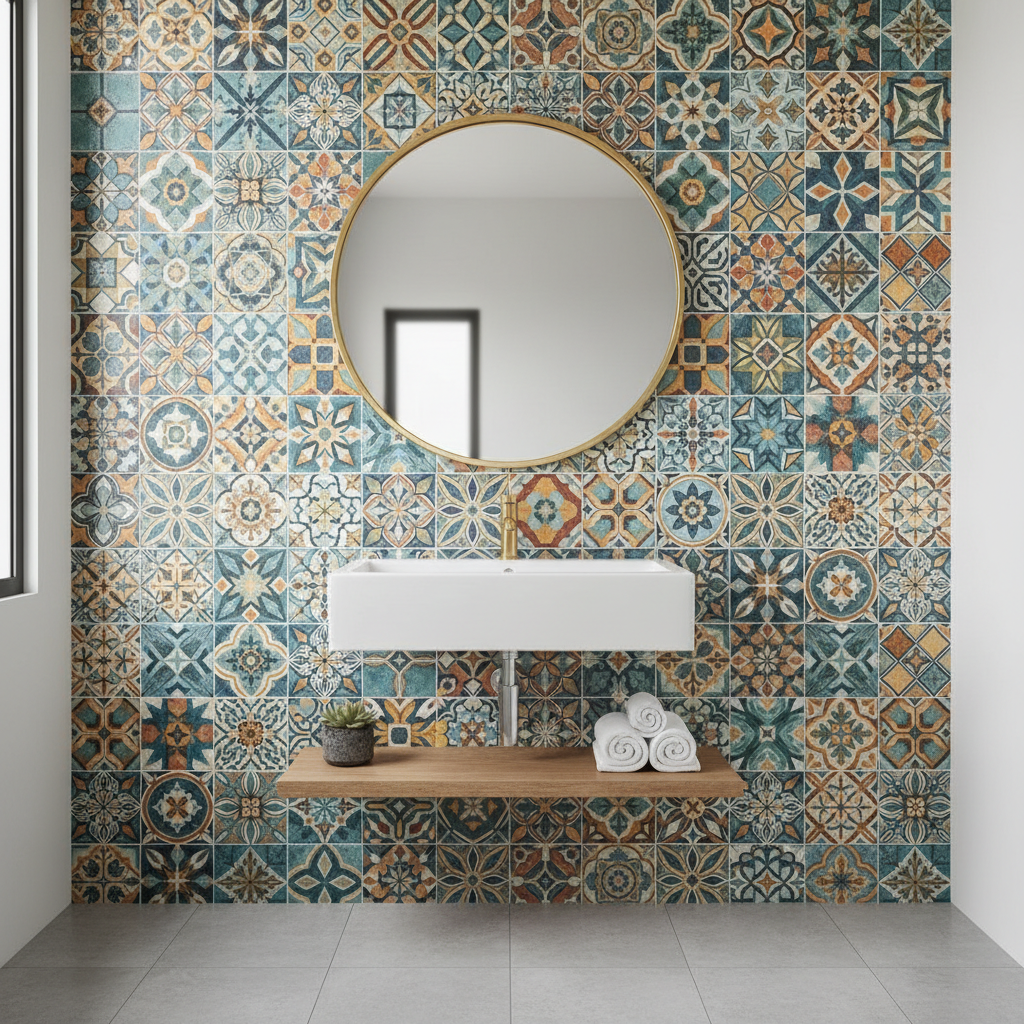 A striking tiled wall in a small bathroom showcasing a variety of colors and patterns.