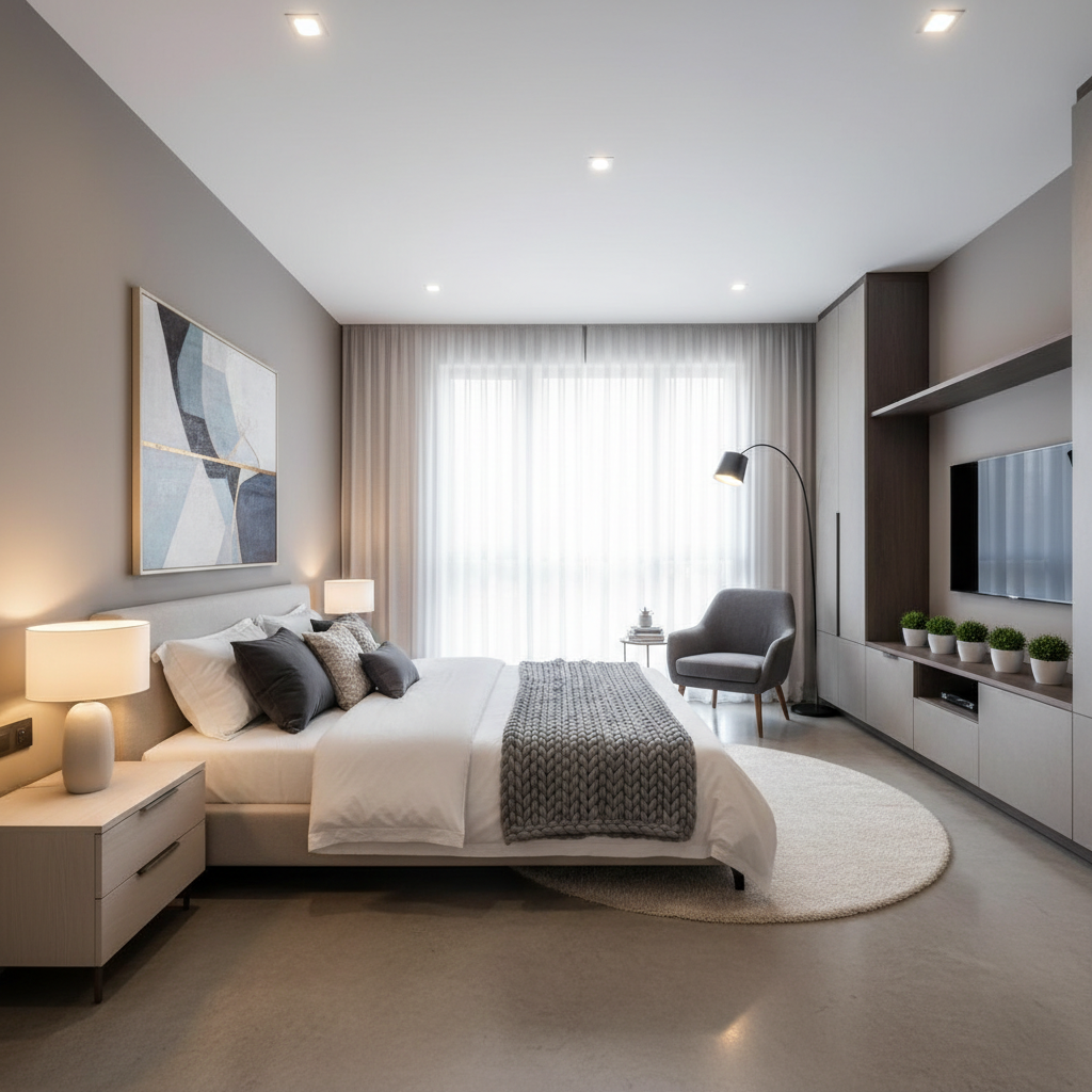 Modern master bedroom styled with AI virtual staging.