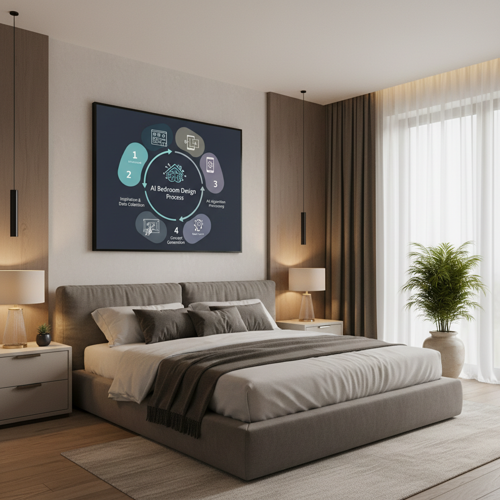 Step-by-step process infographic for AI bedroom design.