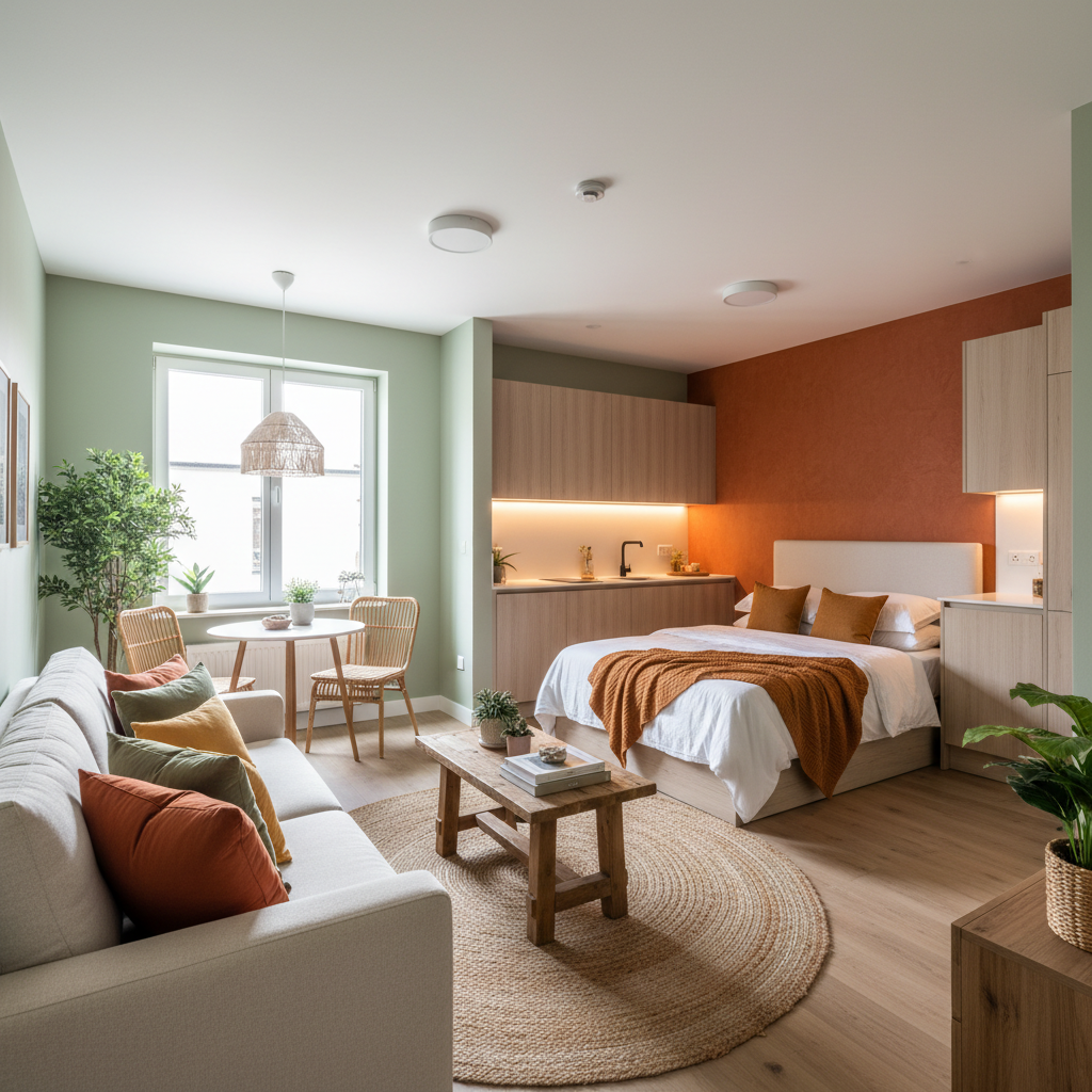 Description of a studio with an inviting color scheme