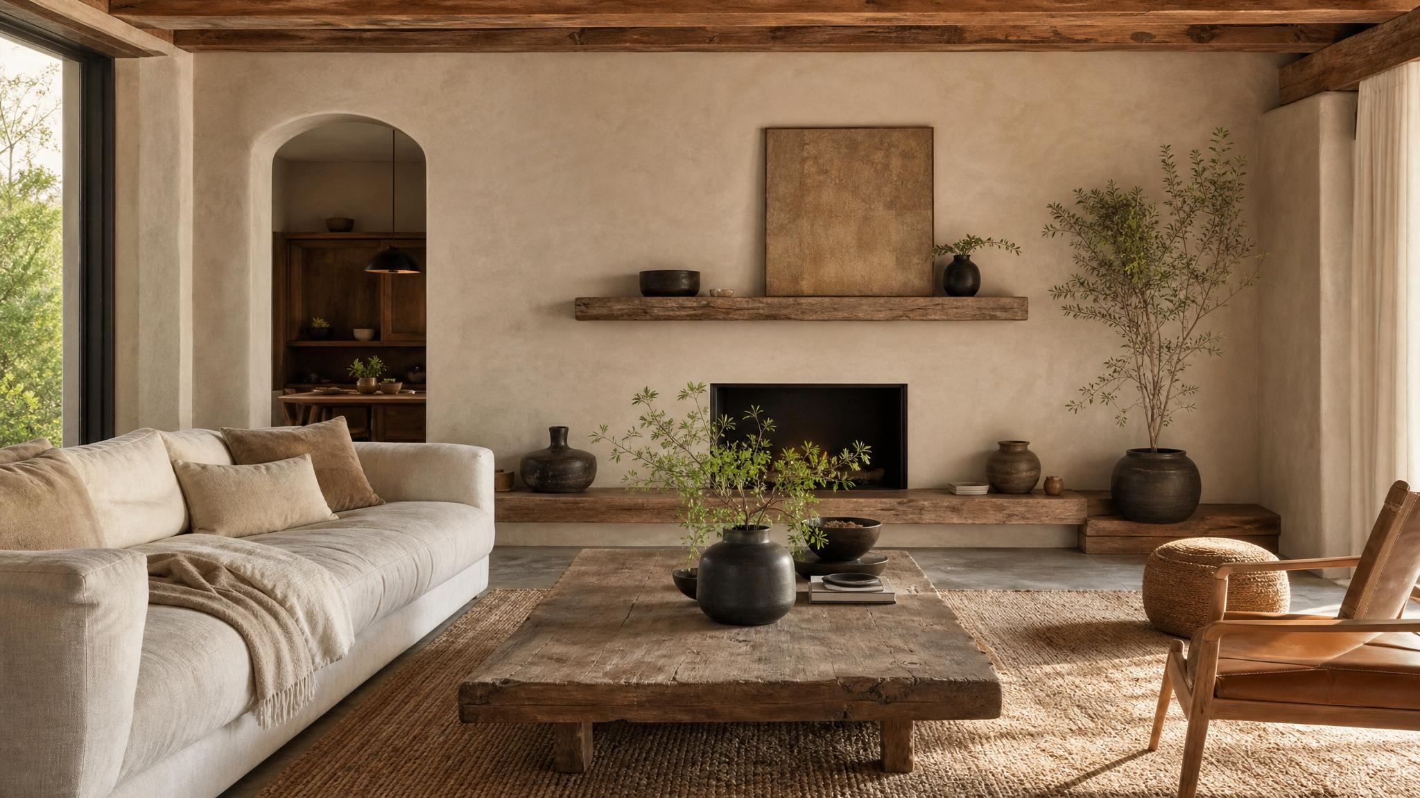 A cozy living room featuring wabi-sabi style with natural materials and soft textures.