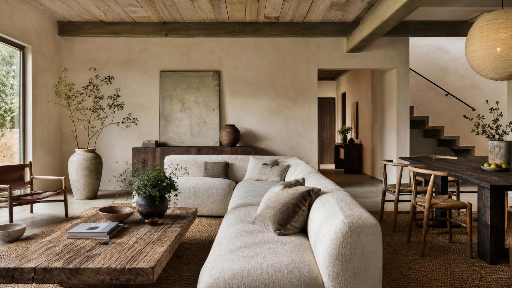 A multifunctional living room layout in wabi-sabi style.