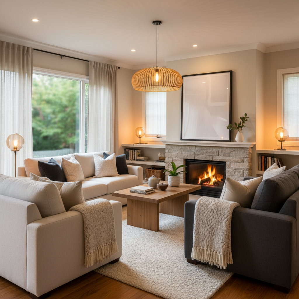 Cozy living area with soft sofas and warm lighting