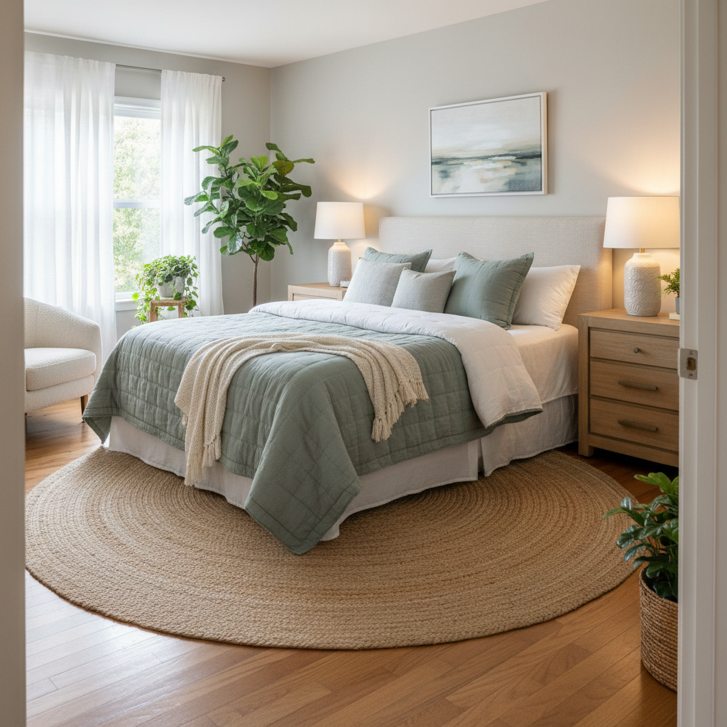 Inviting bedroom with calming colors and plush bedding