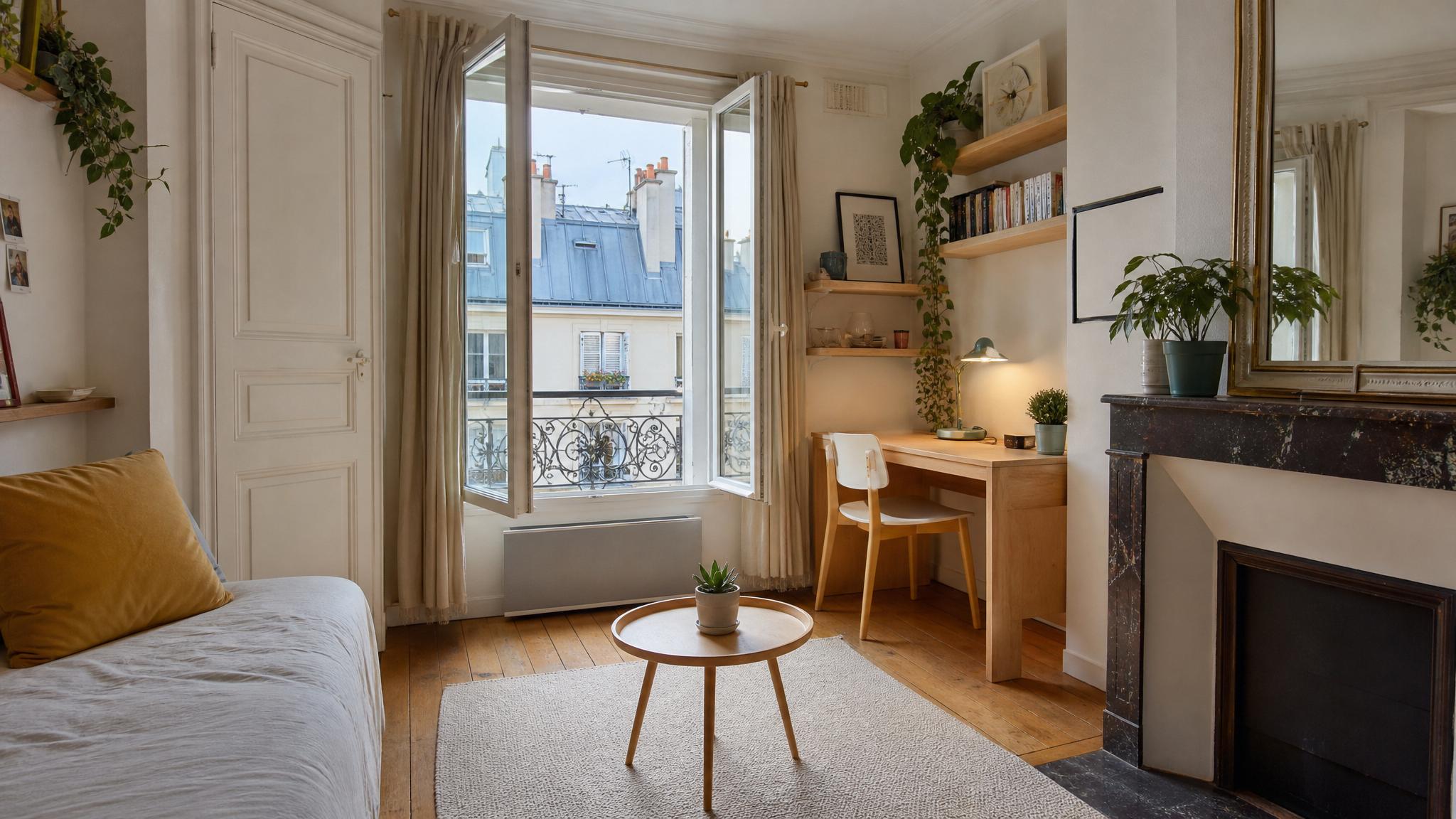 A compact Parisian living room layout with student-friendly furniture.