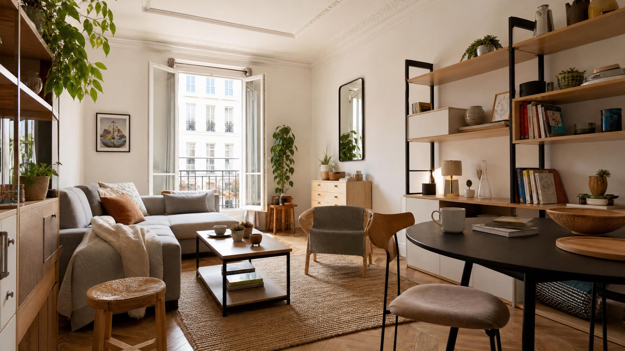 Stylish modular furniture arrangement in a Parisian student living room.