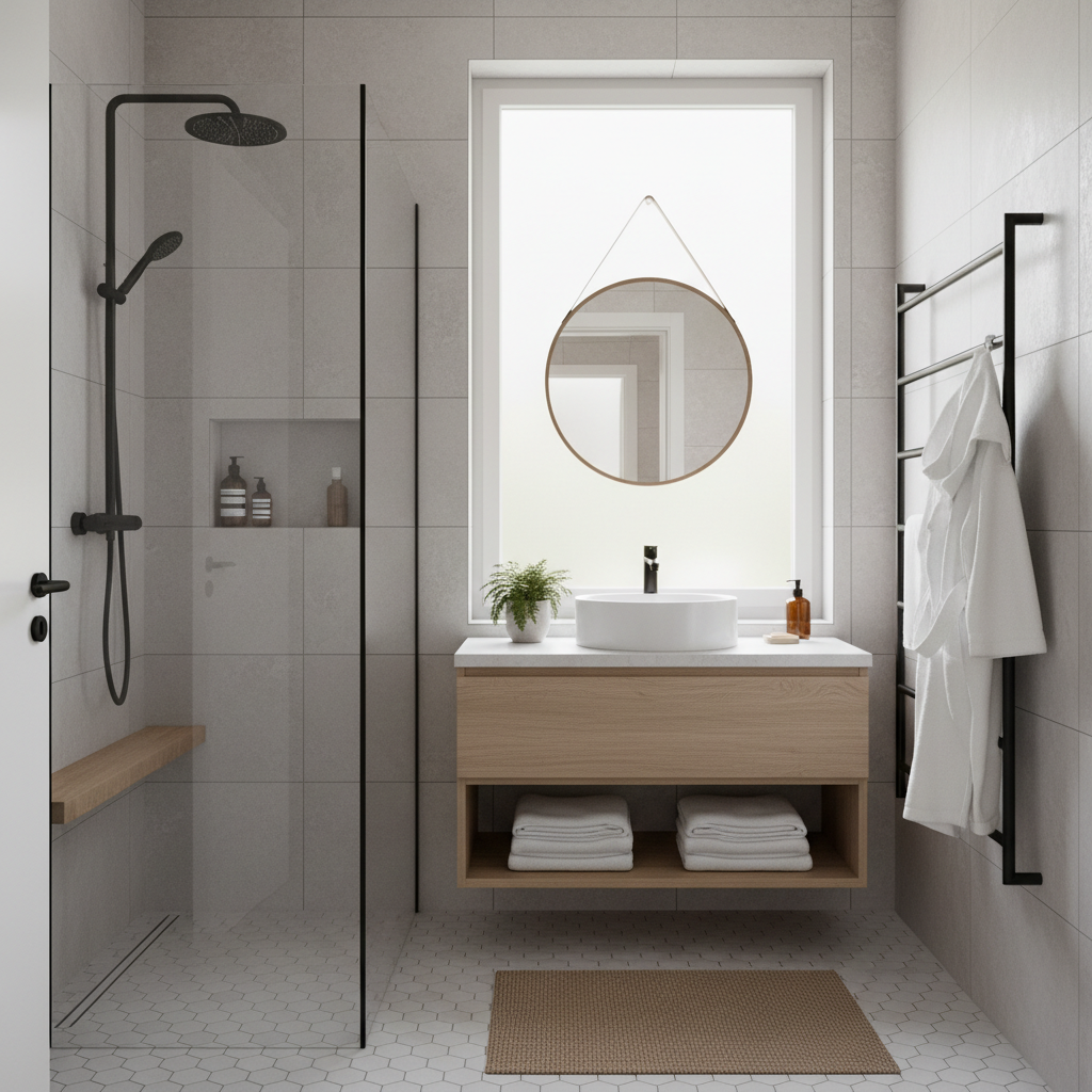 Image of a beautifully designed Nordic-style small bathroom, showcasing simplicity and elegance.