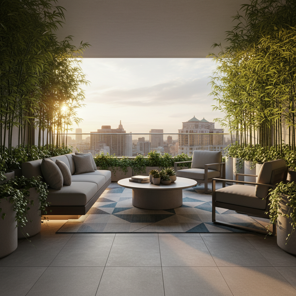 Contemporary balcony with modern furniture and green plants