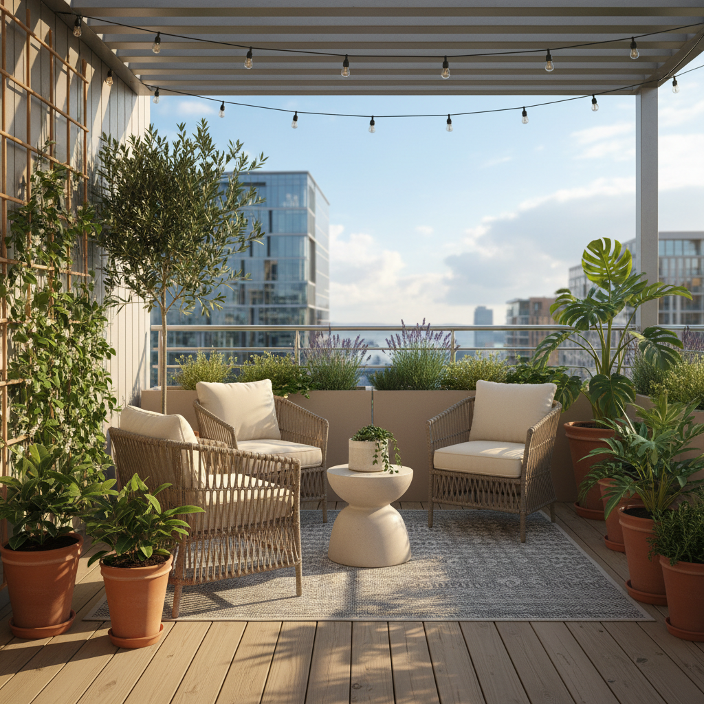 Stylish layout of a balcony with seating and plants