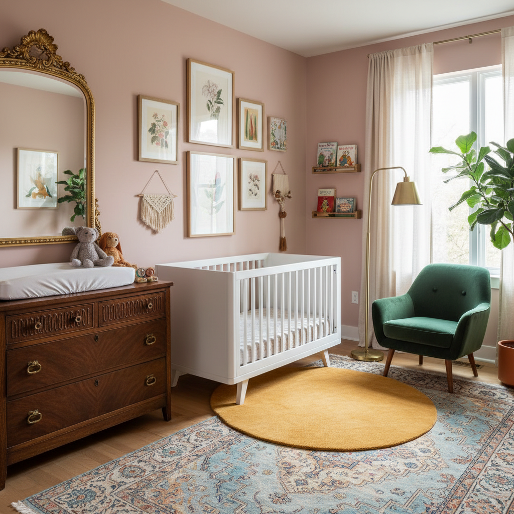 An eclectic nursery featuring a combination of vintage and modern furniture.