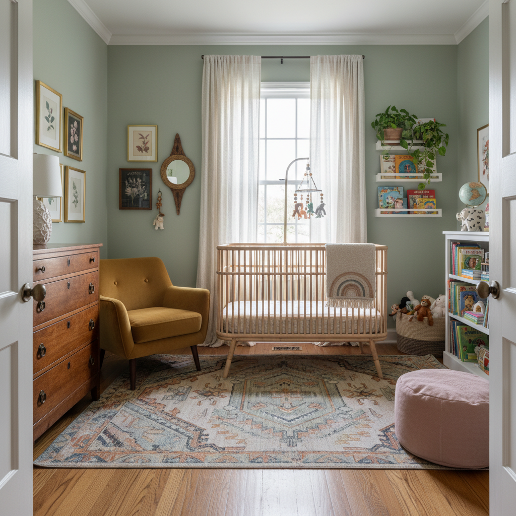 AI-generated image of a beautifully staged eclectic nursery.