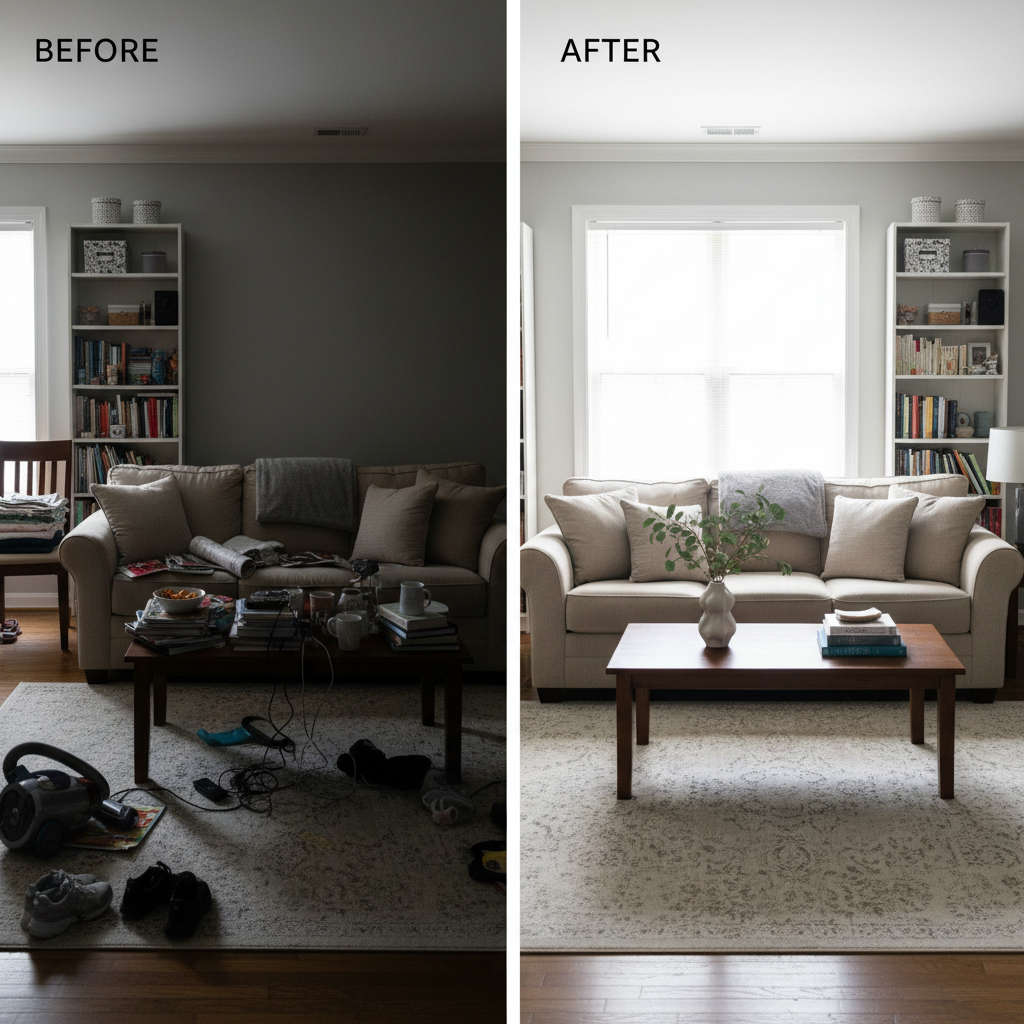 Before and after of a decluttered living room