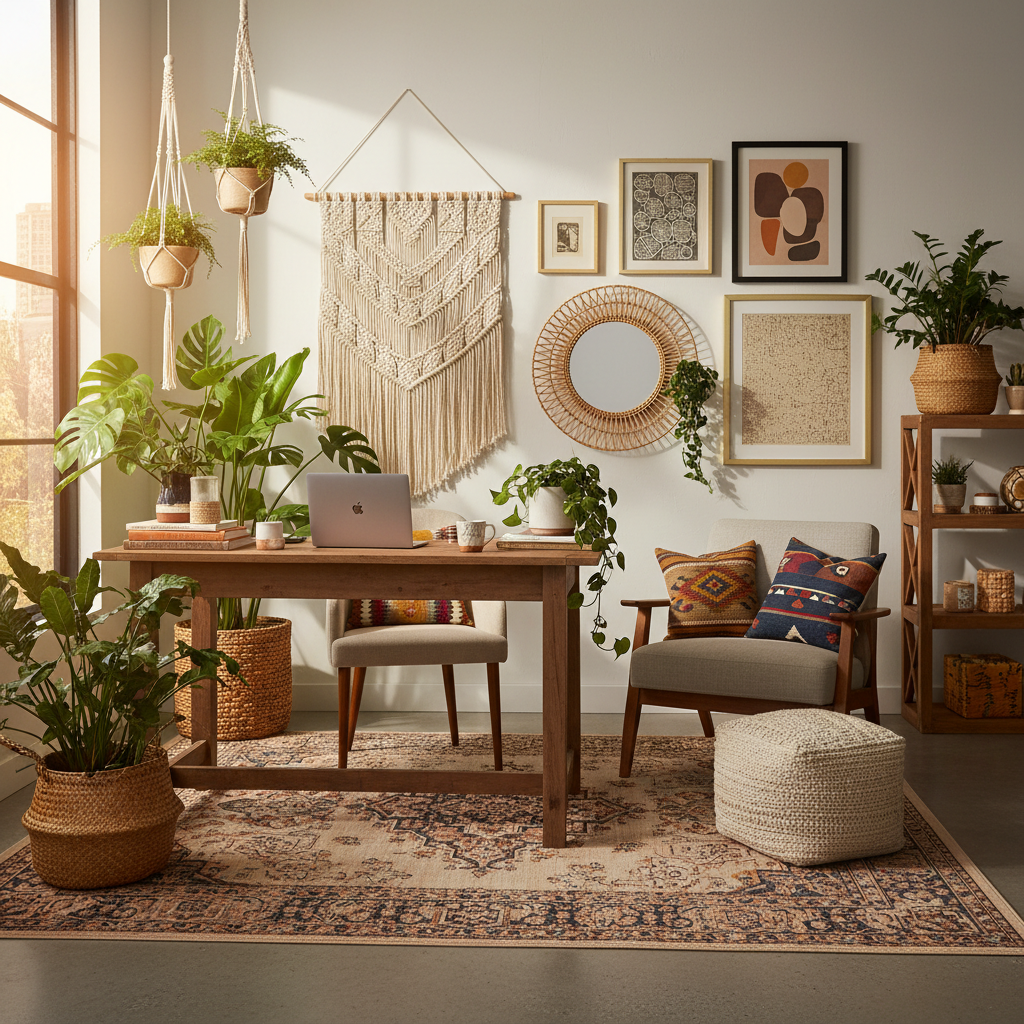 A cozy bohemian home office with plants, textiles, and colorful artwork.