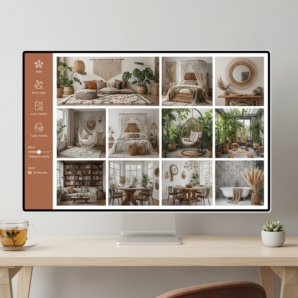 An interface of an AI interior design tool showcasing bohemian designs.