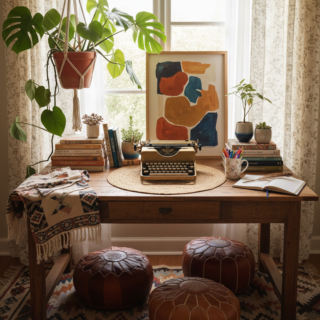 A stylish bohemian desk setup with plants, books, and vibrant decor.
