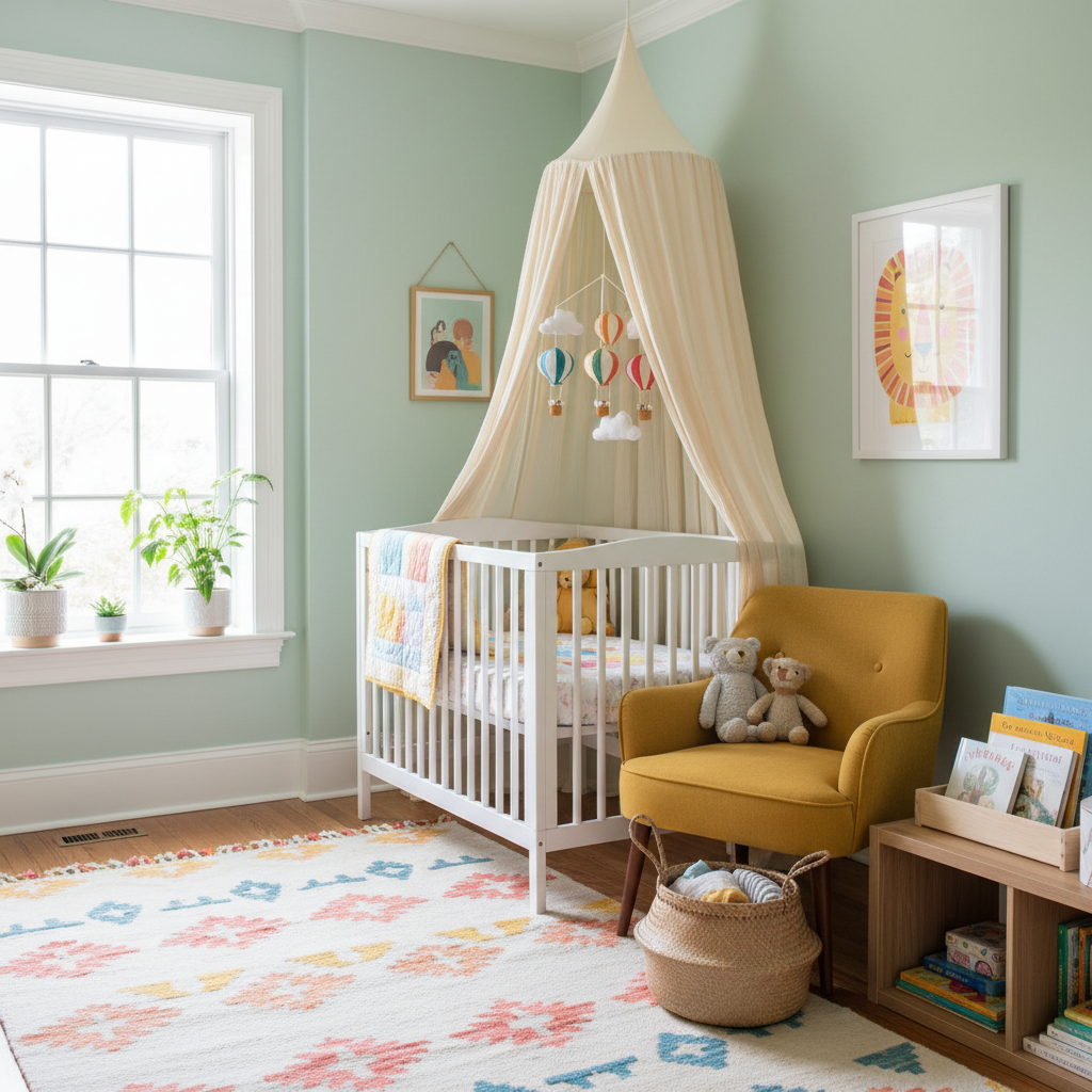 A beautifully staged nursery with natural light and vibrant colors.