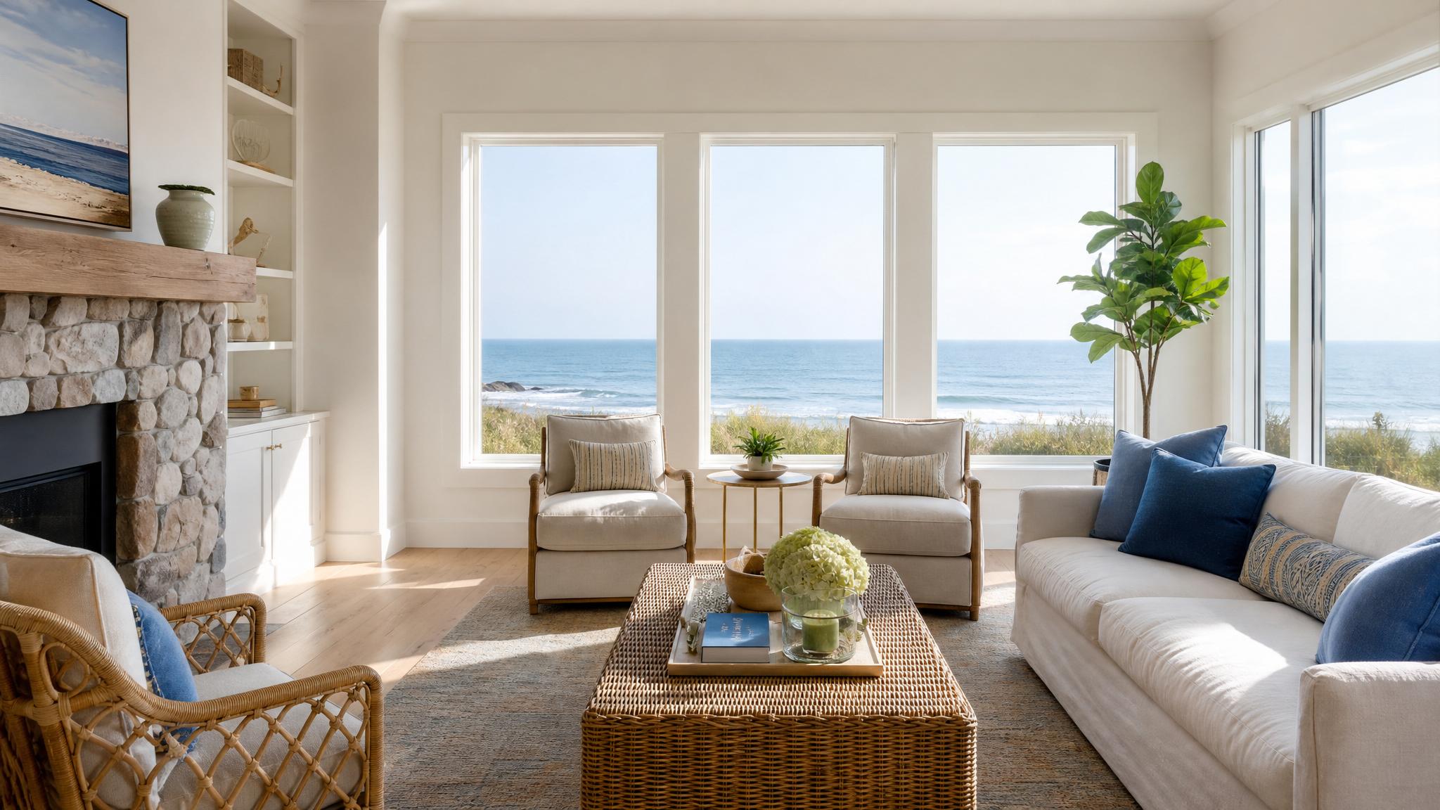 A serene beach house living room with soft blue accents and a view of the ocean.