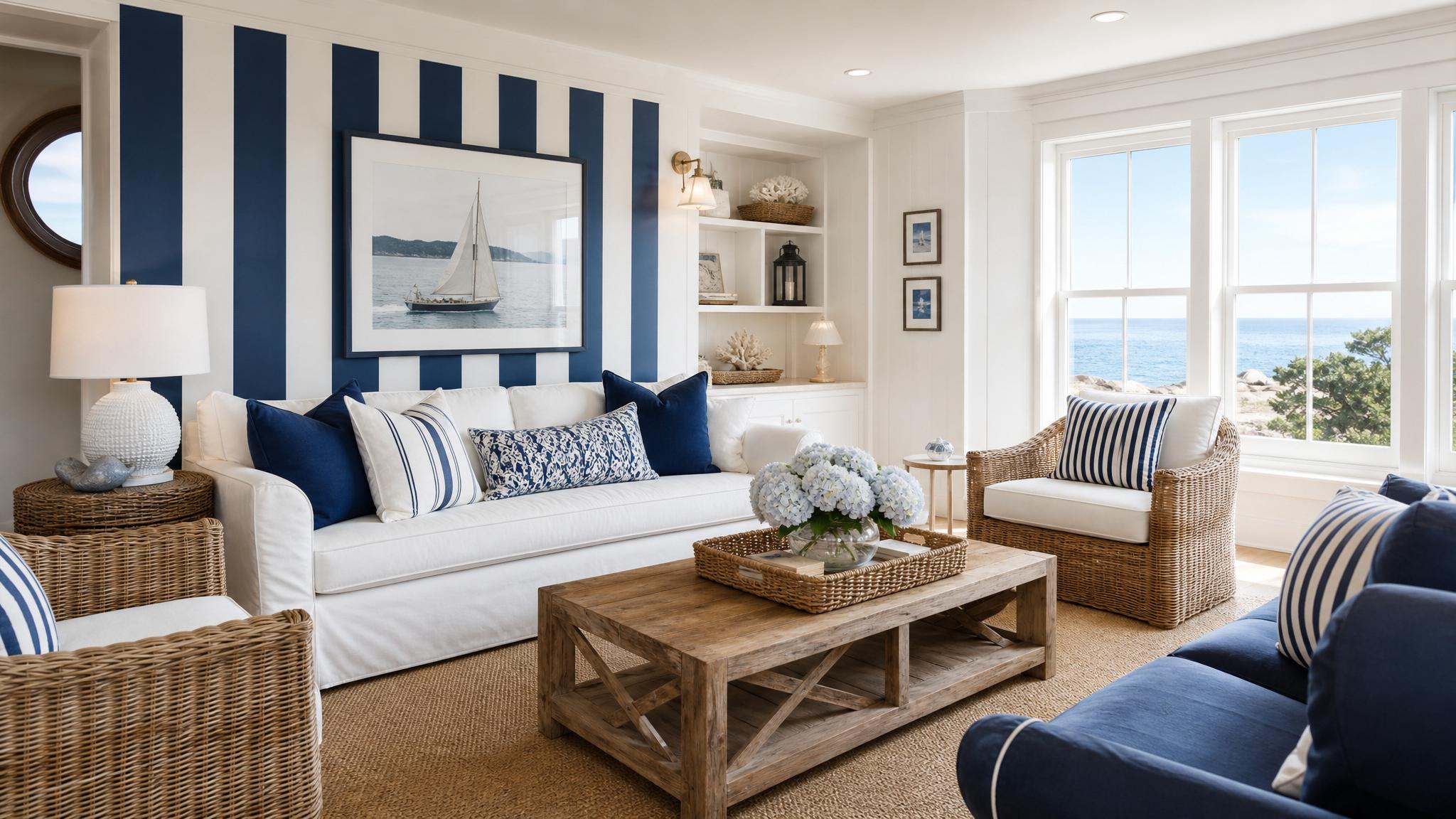 A nautical-themed living room with navy blue stripes and white decor.