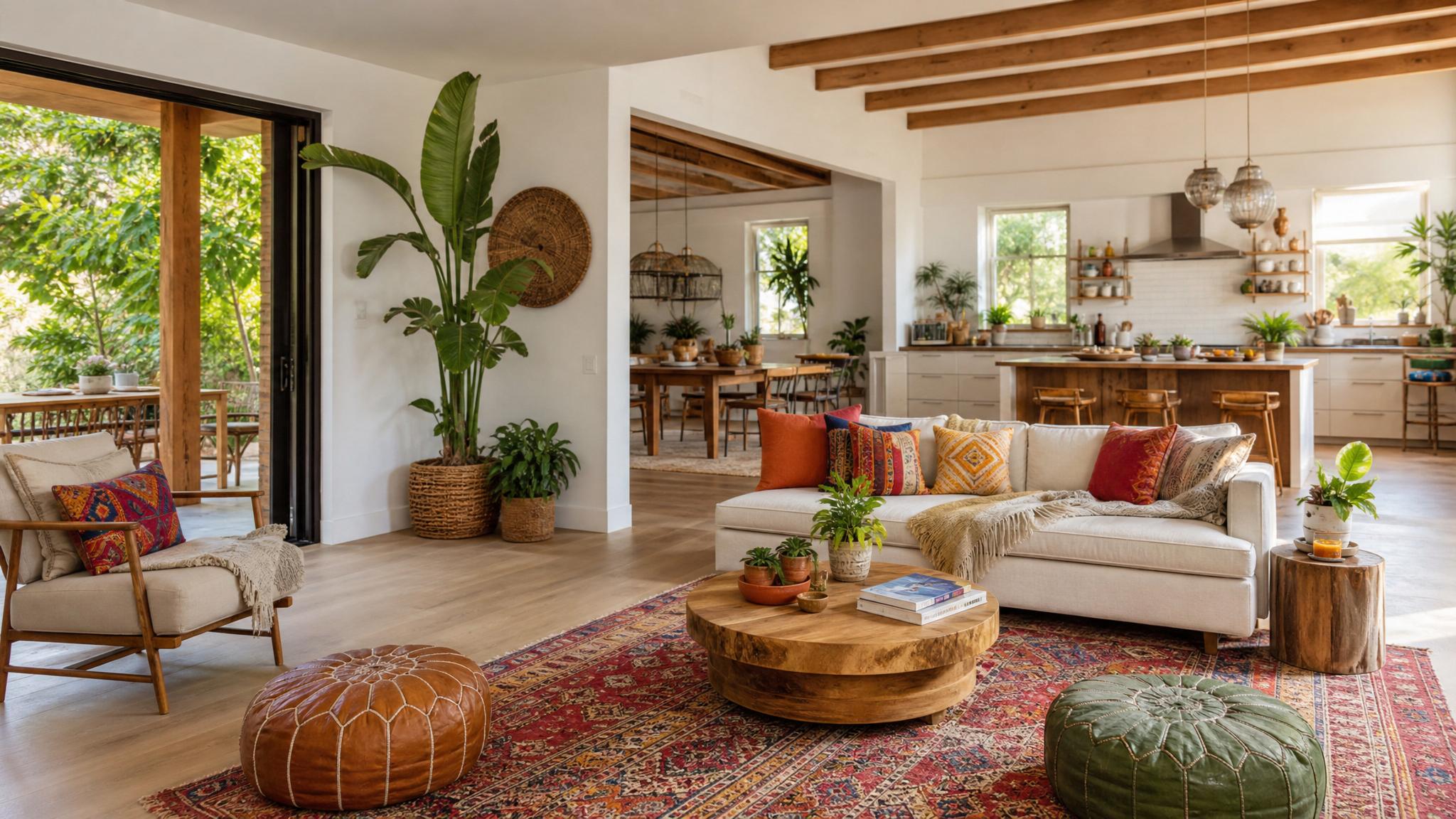 Image of a bohemian open-plan living room showcasing colorful accents.
