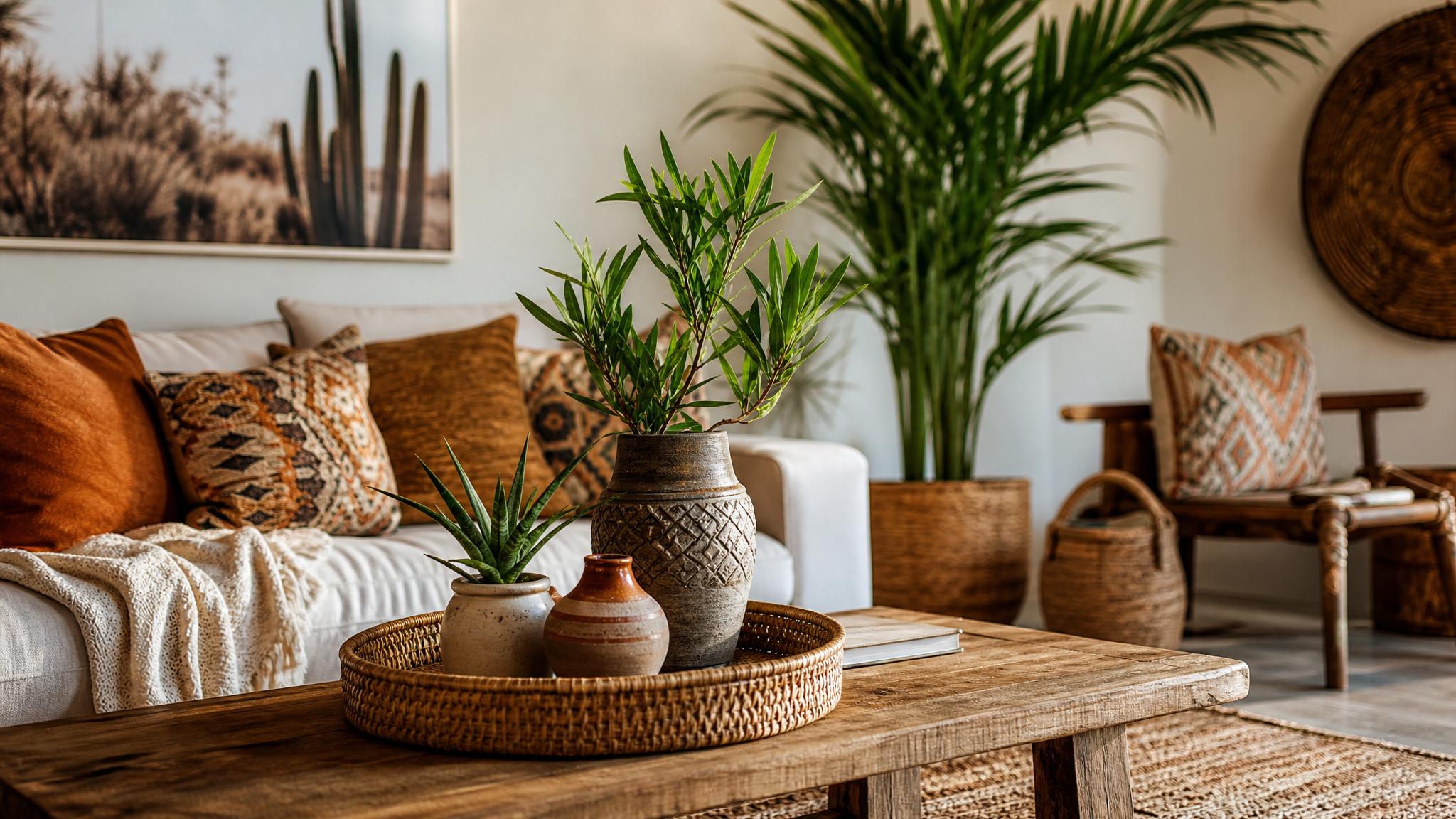 Image of bohemian accessories used in a living room.