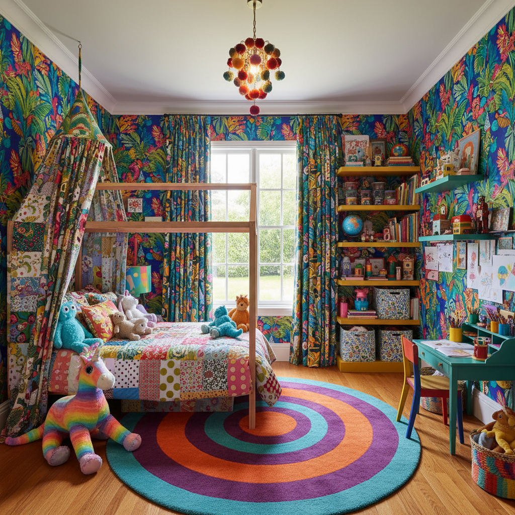 Maximalist kids bedroom with colorful patterns and textures