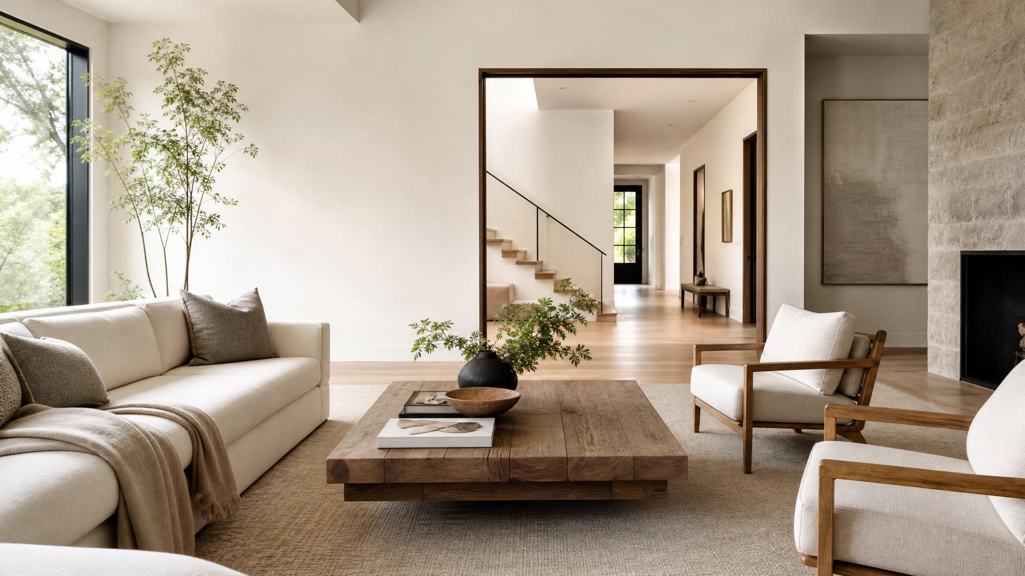 Image of a minimalist living room with clean lines and neutral colors.