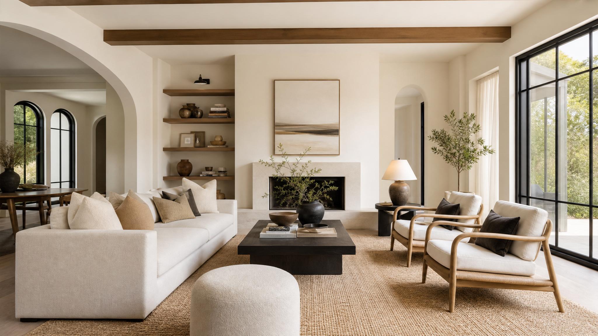 Image of a neutral color palette with accents in a minimalist living room.