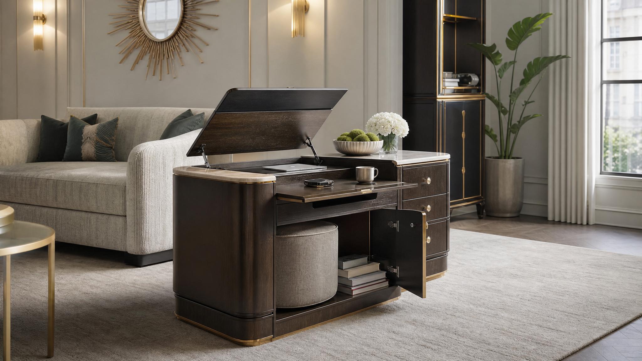Multi-functional furniture piece in an art deco living room.