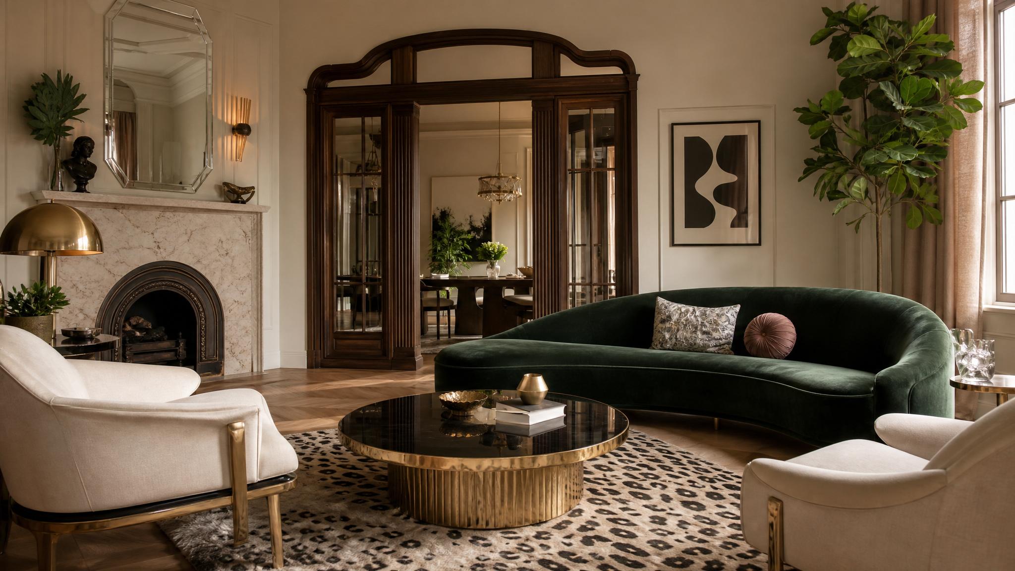 Bold statement furniture in an art deco living room.