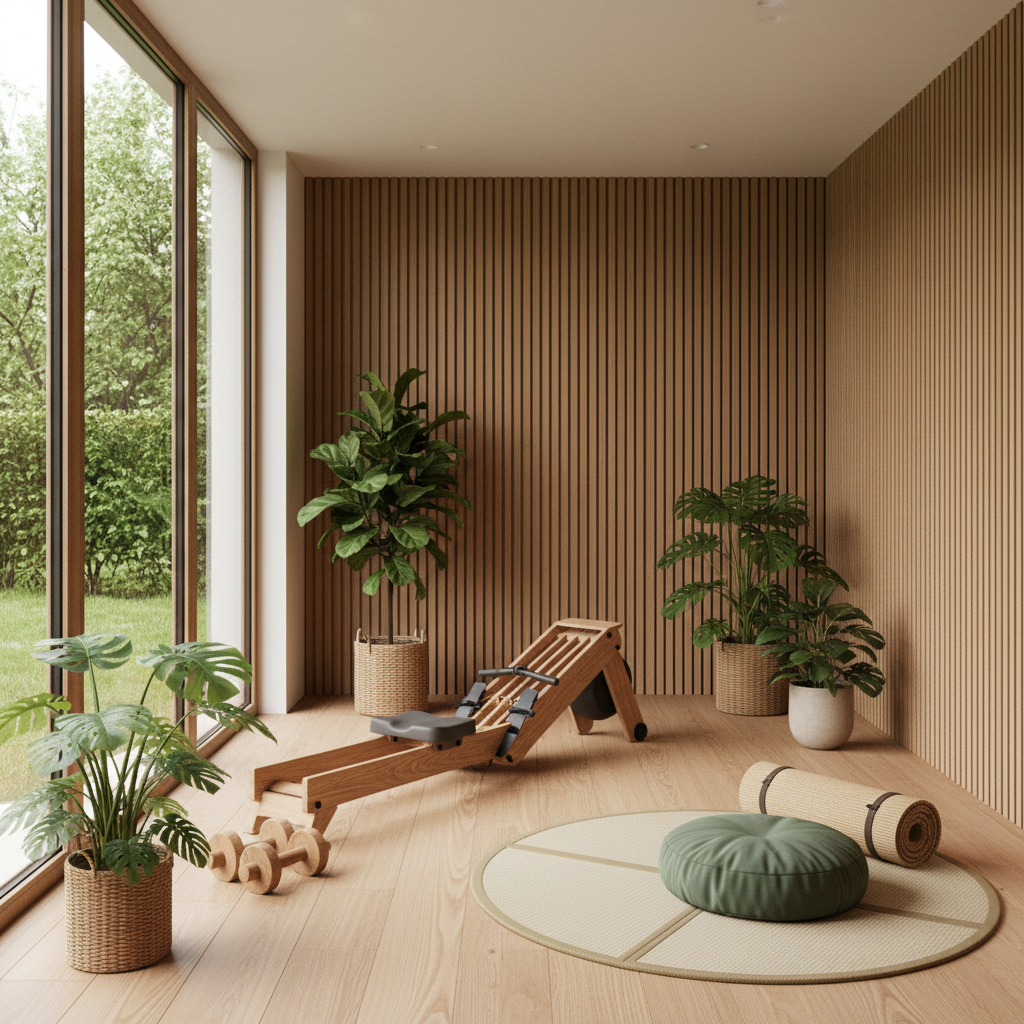 Feel free to use an image of a modern Japandi-inspired home gym with natural wood and green plants.