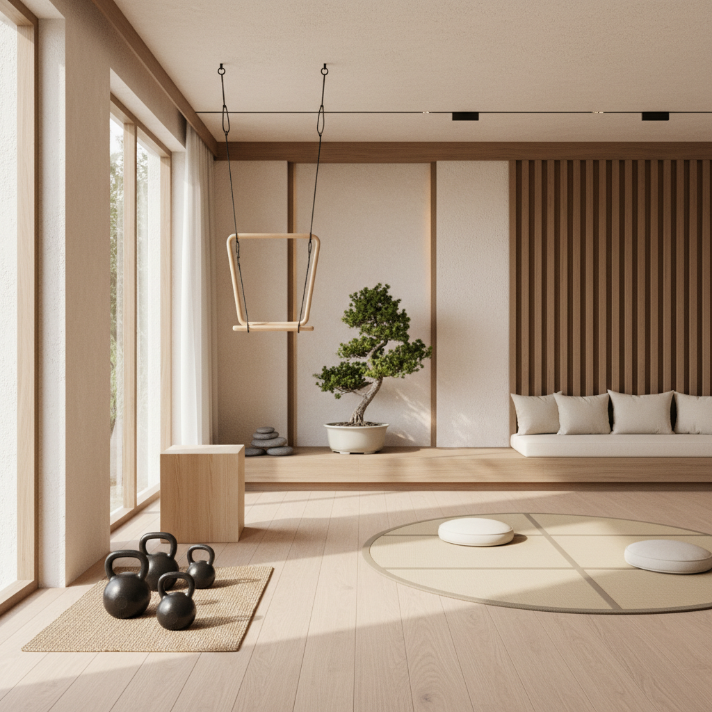 Insert an image showcasing natural light in a Japandi home gym.