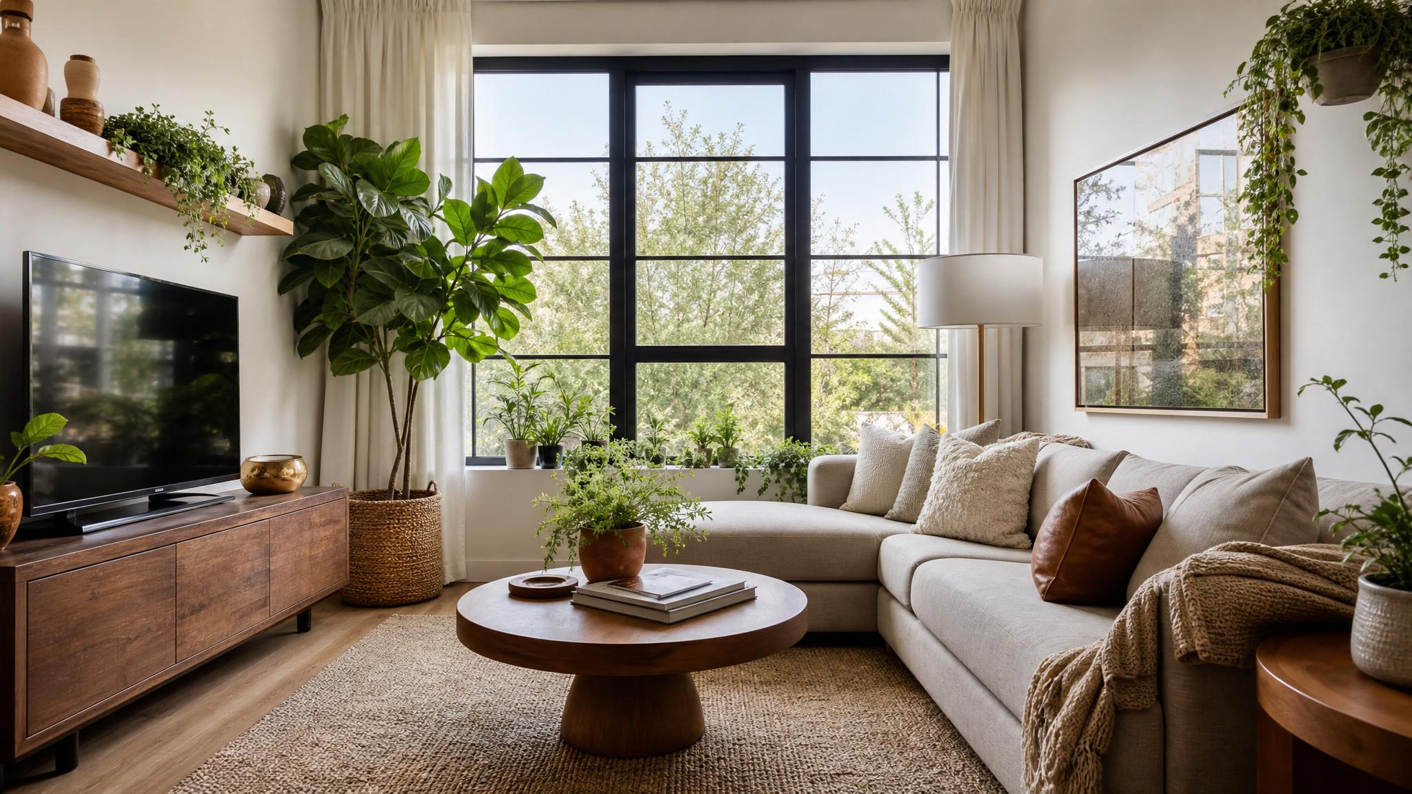 Image of a beautifully designed small living room with biophilic elements like plants and natural light coming in.