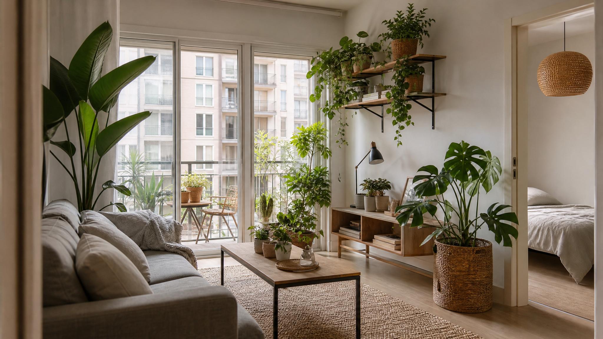 Image of indoor plants in a small apartment living room.
