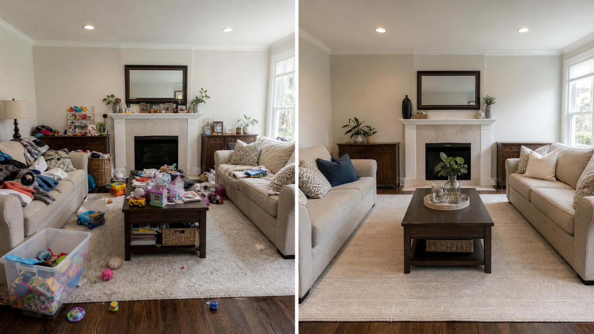 Before and after decluttering a living room