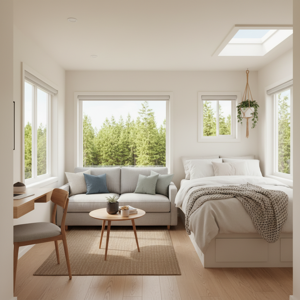 Virtually staged tiny home optimized for natural lighting.