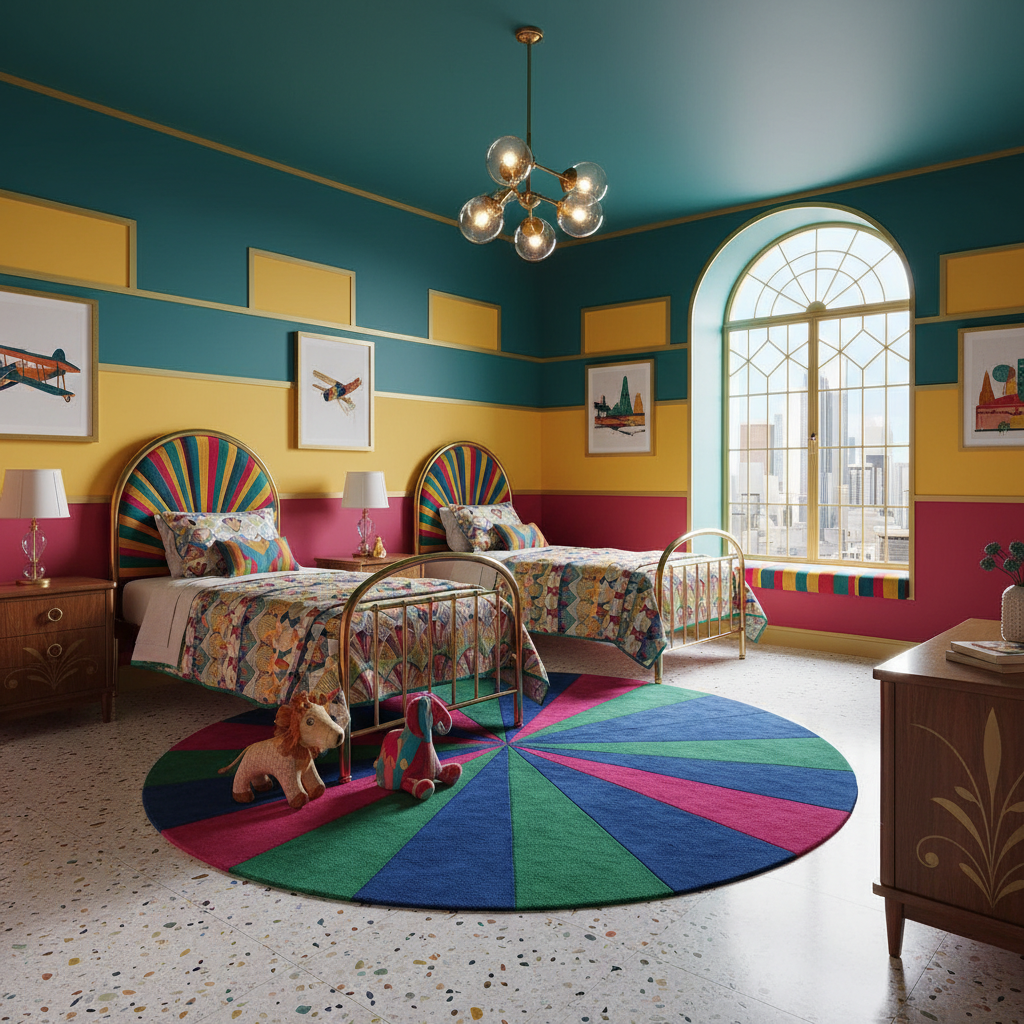 Art Deco kids bedroom design featuring geometric patterns, vibrant colors, and playful elements.