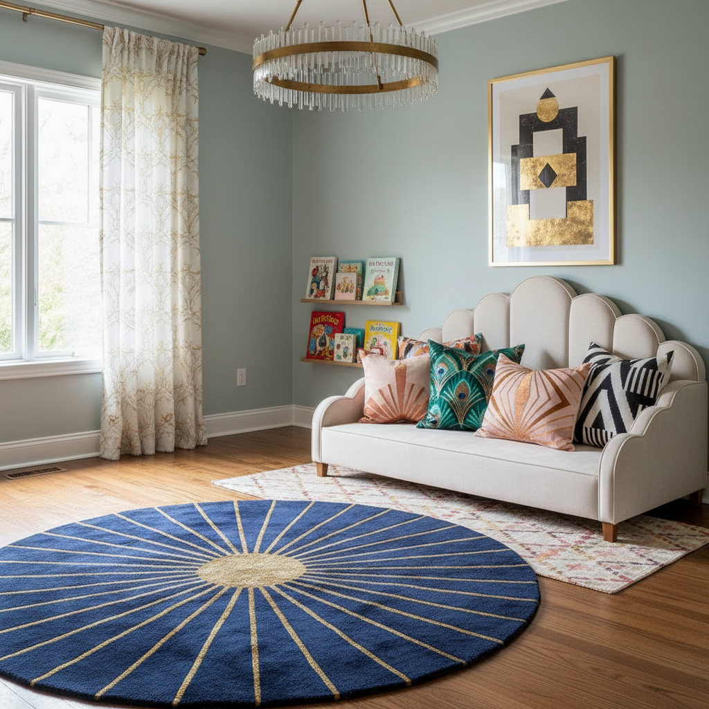 Decorative pillows and geometric rugs that fit into an Art Deco children's bedroom.