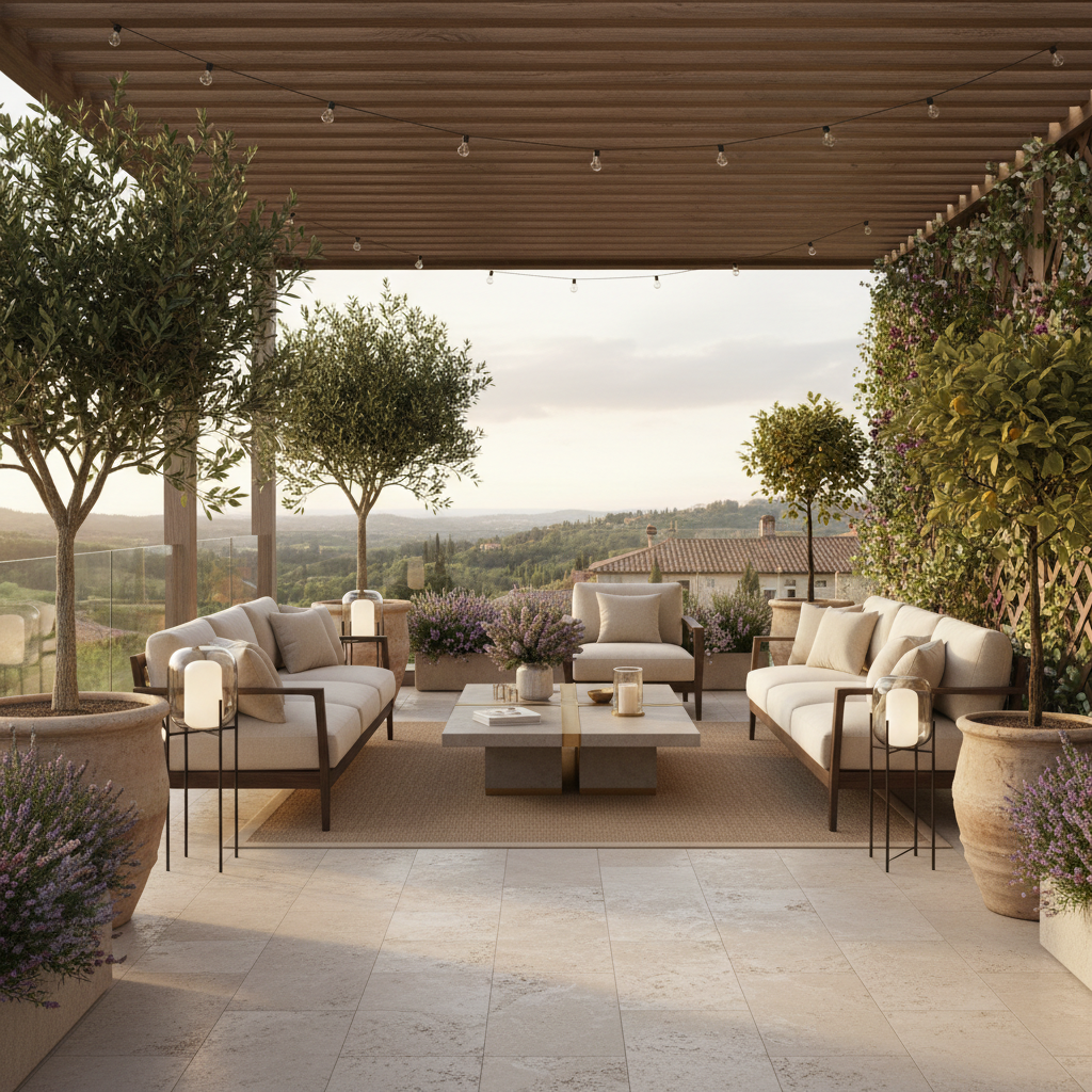 A beautifully designed Italian modern terrace with elegant furniture and lush greenery.