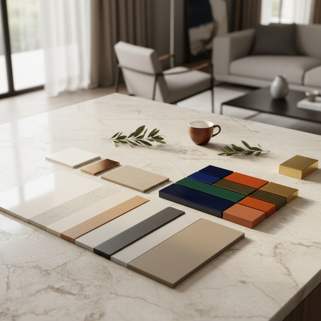 Color palette samples featuring neutral tones and bold accents typically used in Italian modern design.