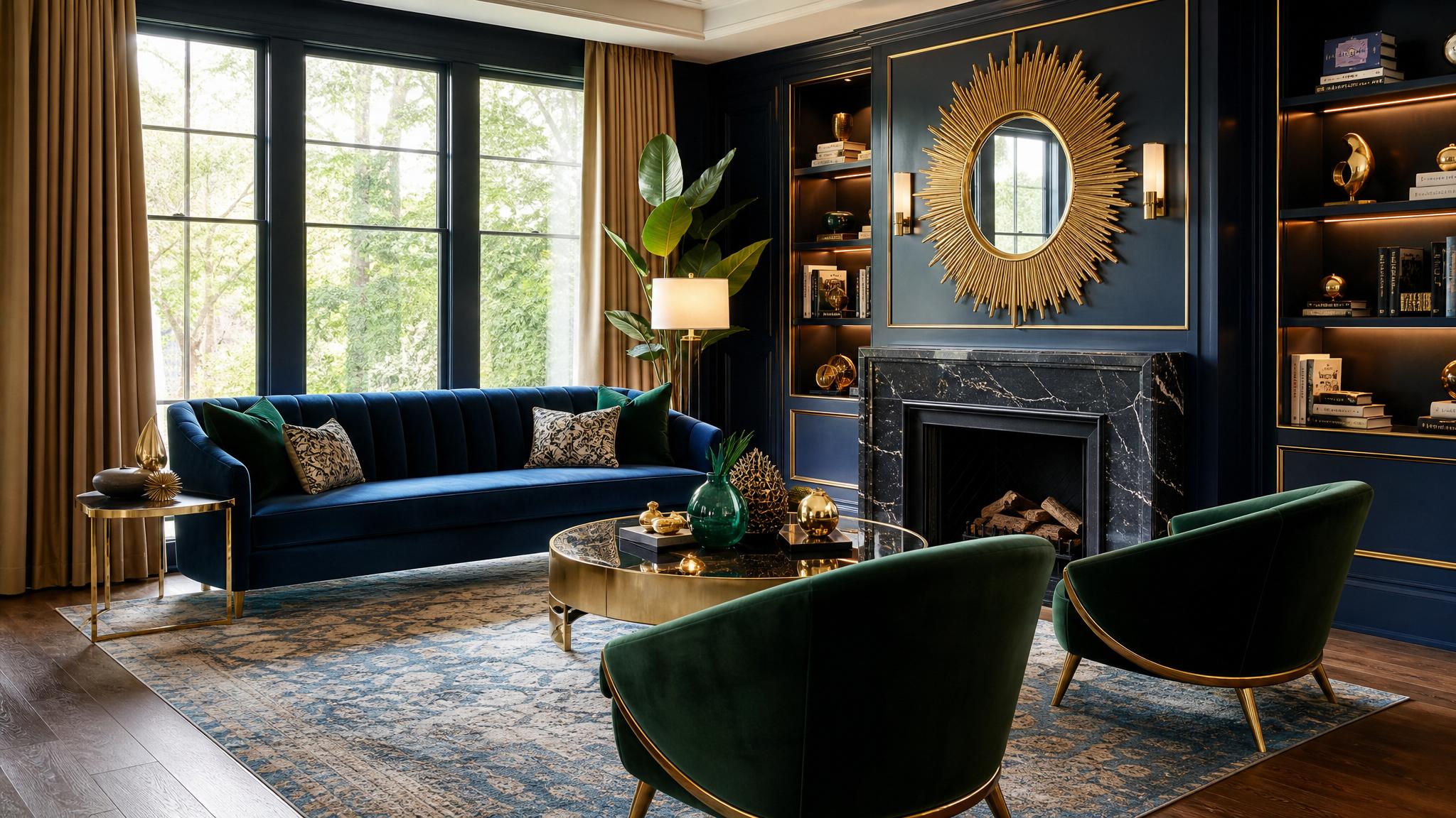 A color palette featuring rich blues, emerald greens, and gold accents for a stylish Art Deco living room.