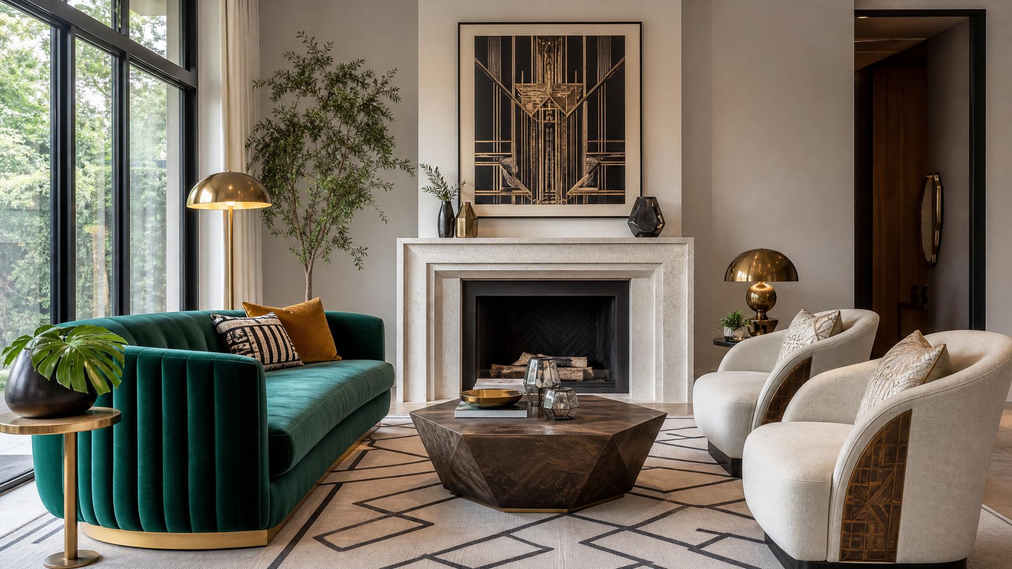 A bold Art Deco sofa paired with a geometric coffee table and accent chairs.