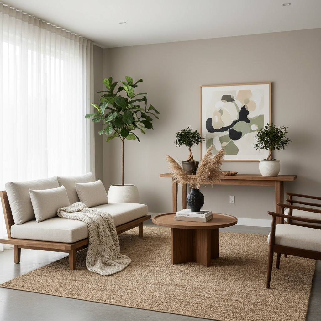 A beautifully staged Japandi living room showcasing wooden furniture, neutral colors, and greenery.
