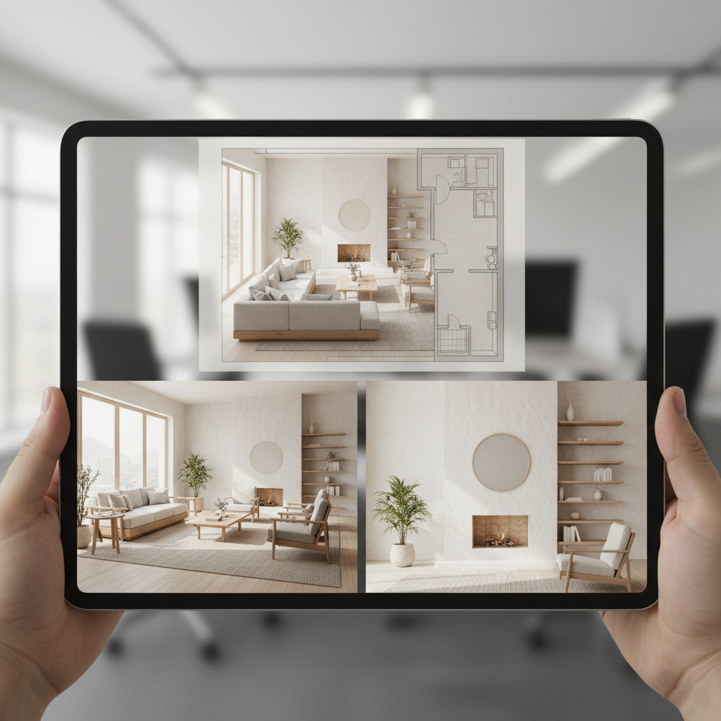 Screenshots of AI-generated layout for a Japandi living room design.