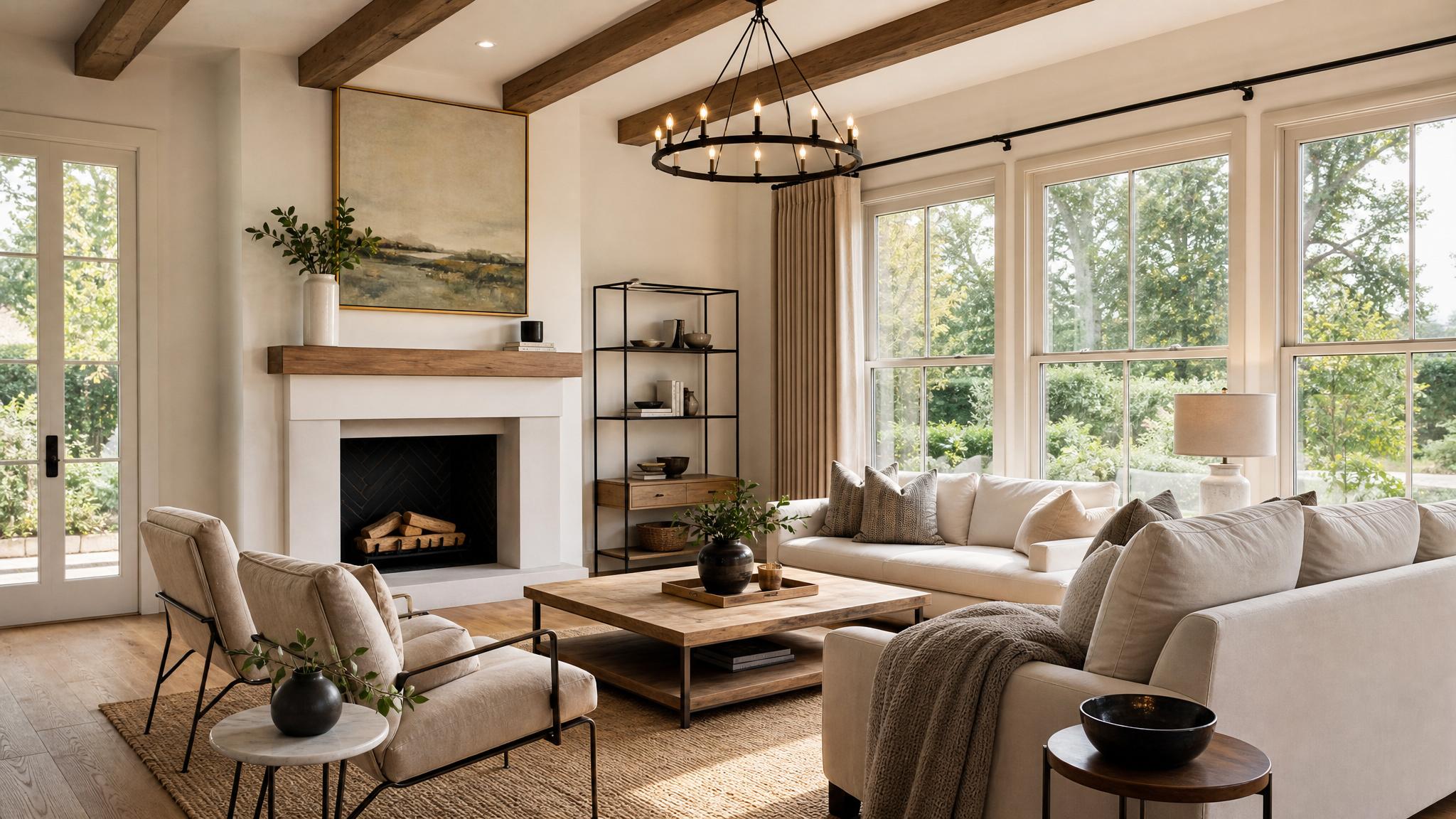 Beautifully staged living room showing perfect use of lighting.