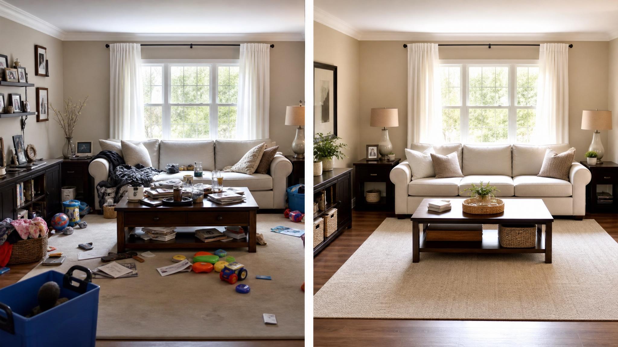Showing a cluttered living room before and after decluttering.