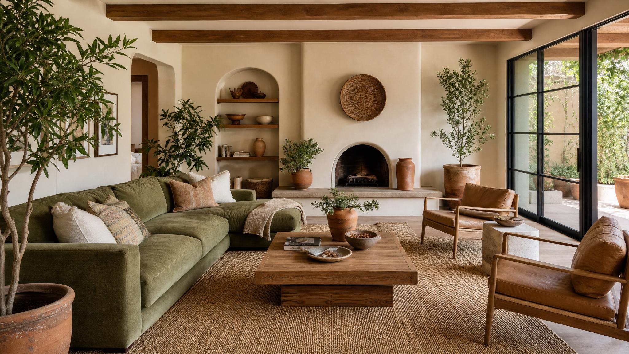 A living room showcasing an earthy greens and warm neutrals color palette with plants and terracotta decor.