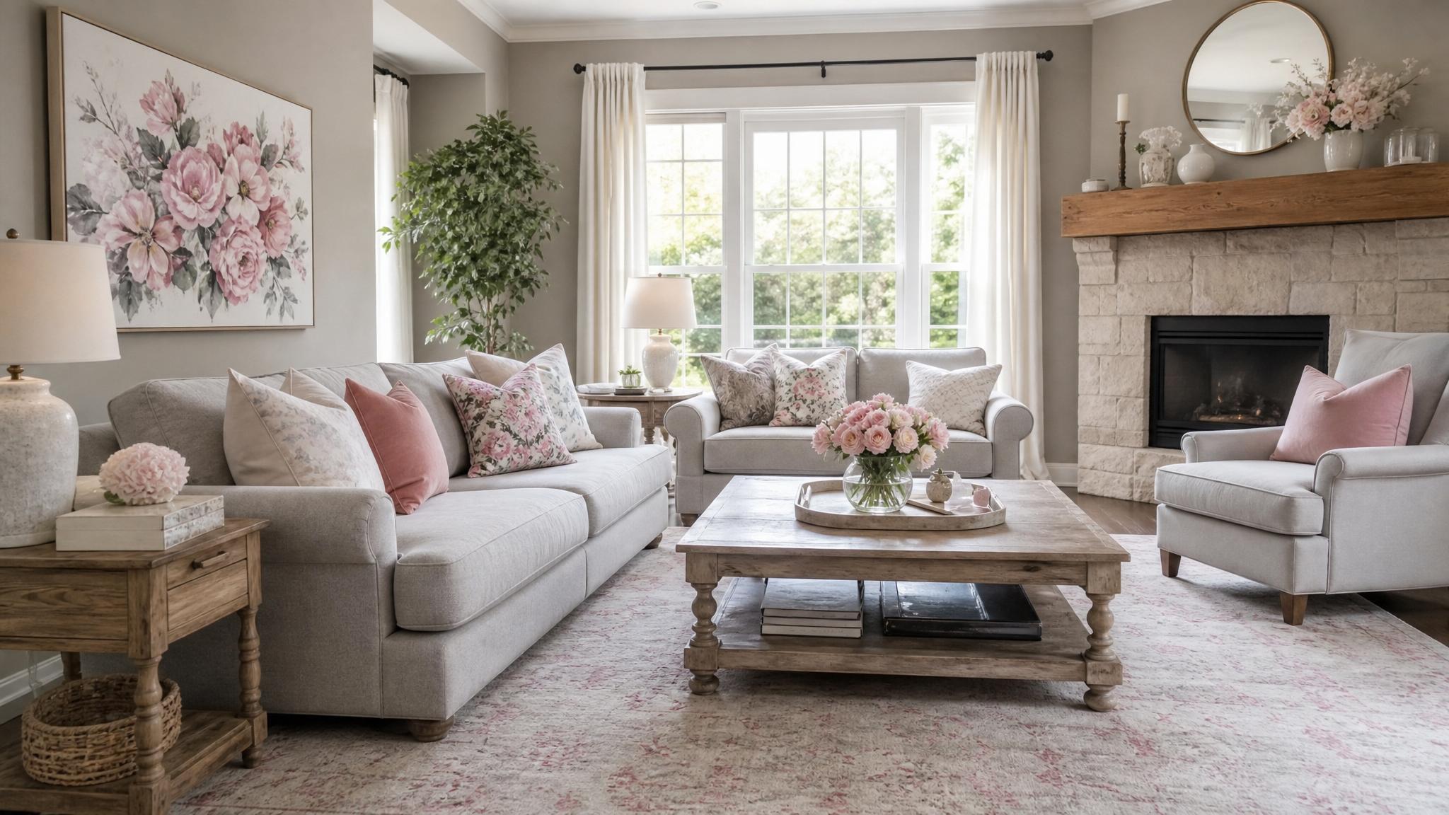 A living room featuring floral pinks and soft grays with floral decor accents.