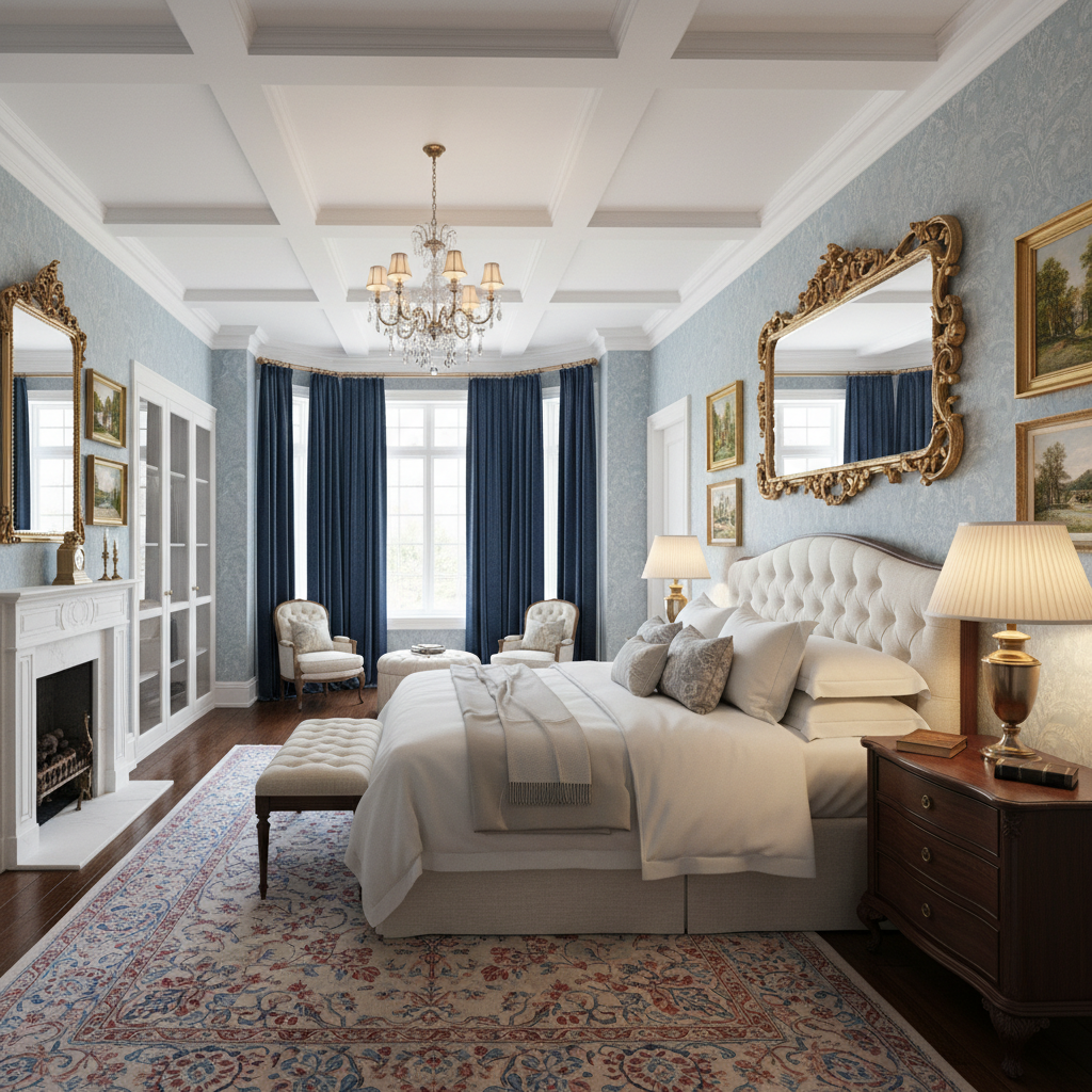 Image of a digitally rendered traditional master bedroom design