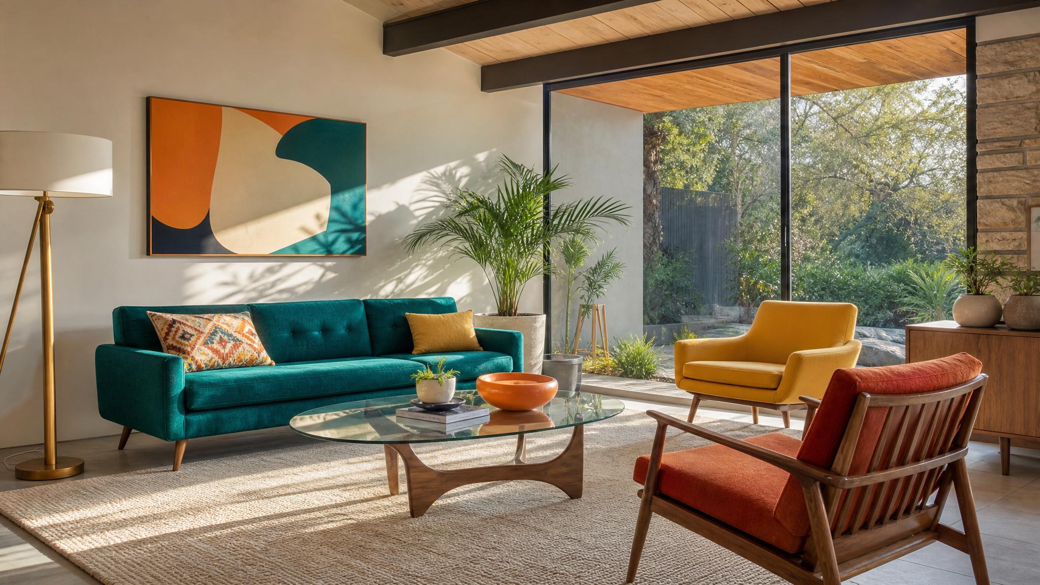 Mid-century modern living room with a vibrant color scheme